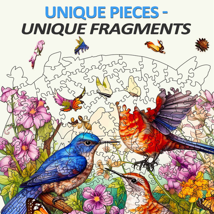 Colorful birds and butterflies jigsaw puzzle featuring unique pieces among vibrant flowers.