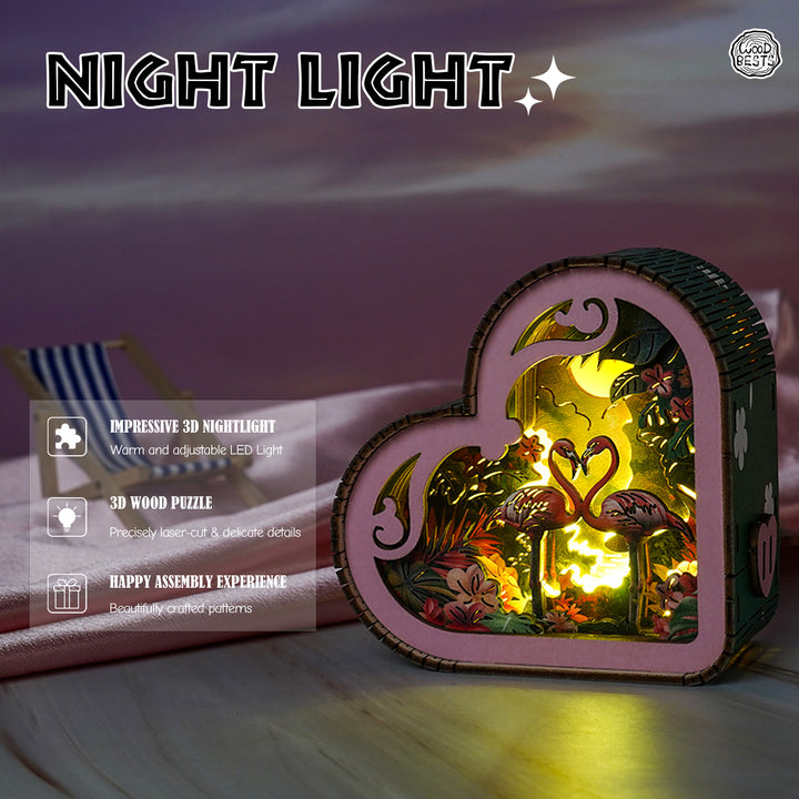 Flamingo-themed 3D wooden puzzle night light with warm LED illumination, set in a heart-shaped design.