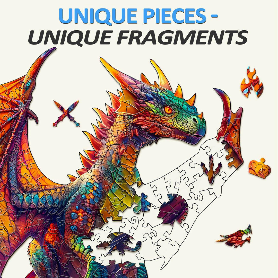 Colorful dragon wooden jigsaw puzzle pieces highlighting unique fragments for puzzle enthusiasts.