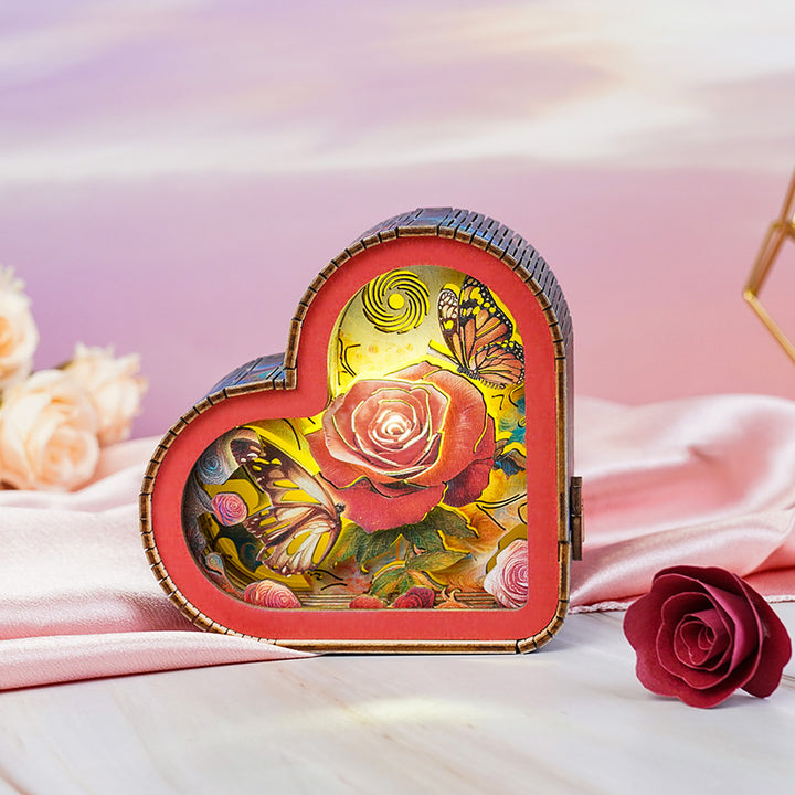 3D wooden heart-shaped puzzle night light featuring a rose design and colorful butterflies.