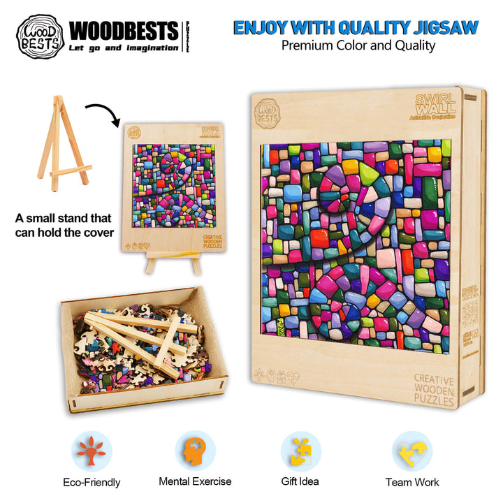 Swirl Wall jigsaw puzzle by Erin Desjardine featuring colorful wooden pieces, eco-friendly and perfect for teamwork.