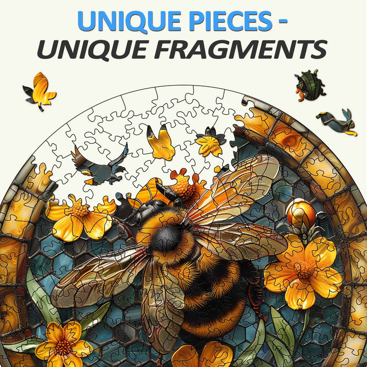 Leisurely Bee Wooden Jigsaw Puzzle featuring unique pieces and vibrant floral designs for brain-boosting fun.
