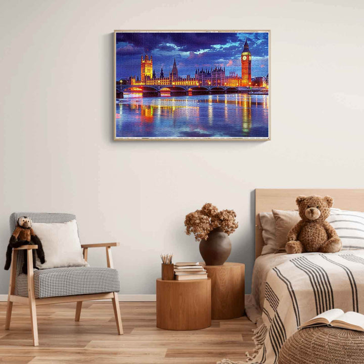 London Riverside Sunset puzzle showcased in a modern living room, featuring iconic landmarks and vibrant sunset colors.