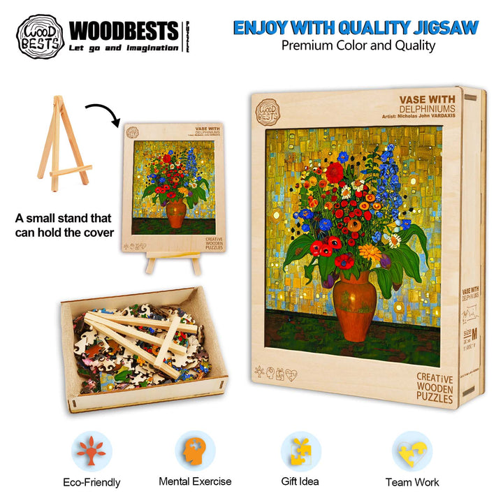 Vase with Delphiniums jigsaw puzzle by artist Nicholas John VARDAXIS, featuring colorful floral art and eco-friendly materials.