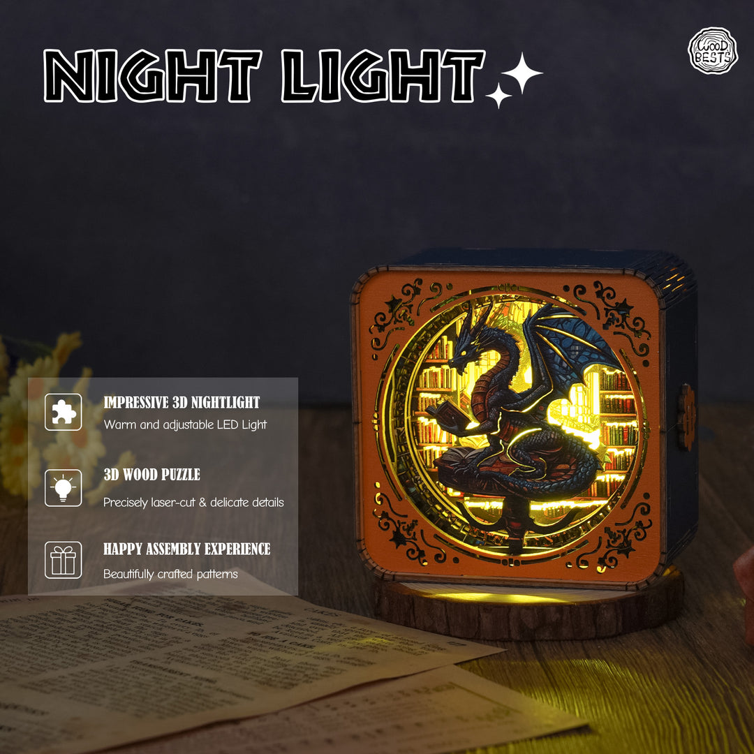 Library Dragon Kit 3D wooden puzzle night light with adjustable LED illumination and intricate designs.