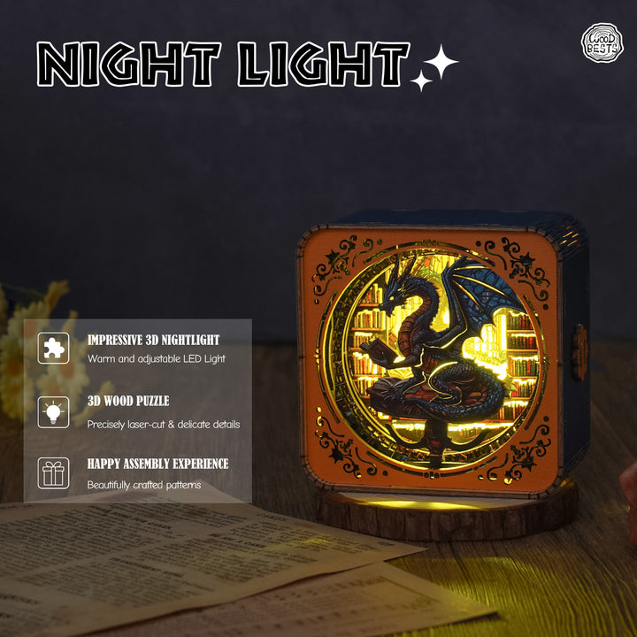 Library Dragon Kit 3D wooden puzzle night light with adjustable LED illumination and intricate designs.