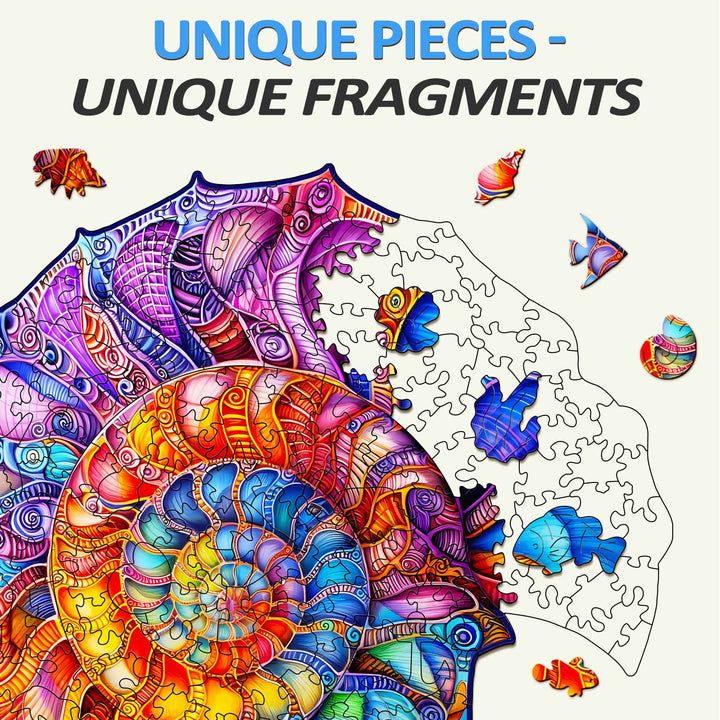 Colorful Nautilus wooden jigsaw puzzle featuring unique pieces and fragments, perfect for mind games and focus.