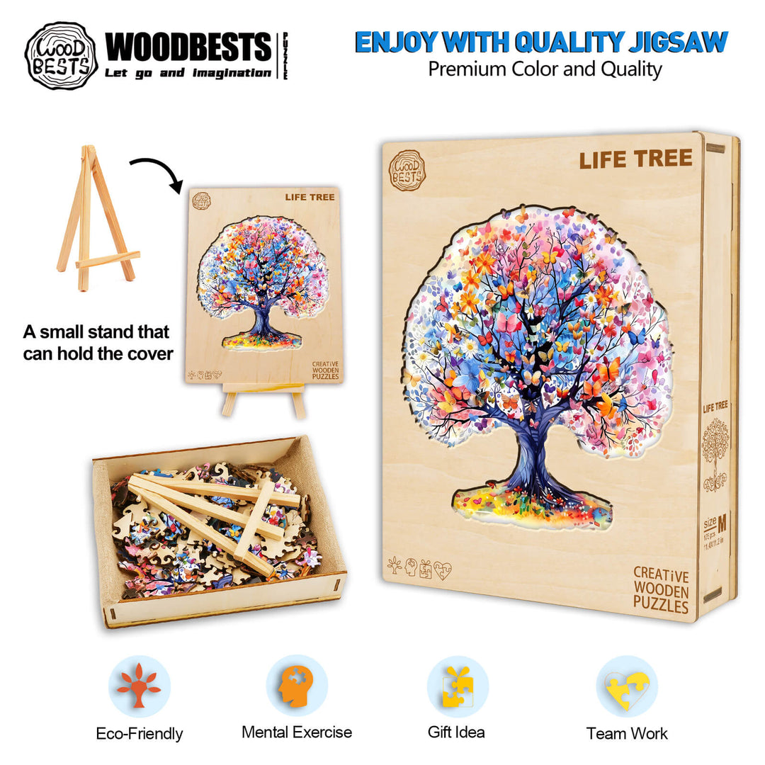 Life Tree Wooden Jigsaw Puzzle with colorful design, featuring eco-friendly pieces for mental exercise and teamwork.