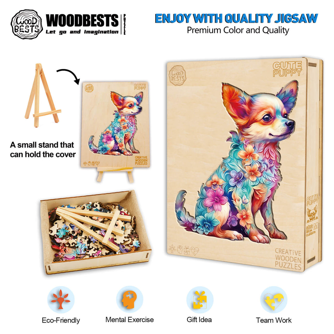 Cute Puppy Wooden Jigsaw Puzzle with vibrant colors, eco-friendly pieces, perfect for mental exercise and team activities.