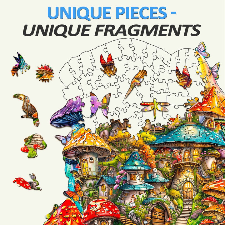 Mushroom House wooden jigsaw puzzle showcasing unique pieces with vibrant colors and intricate details for puzzle lovers.