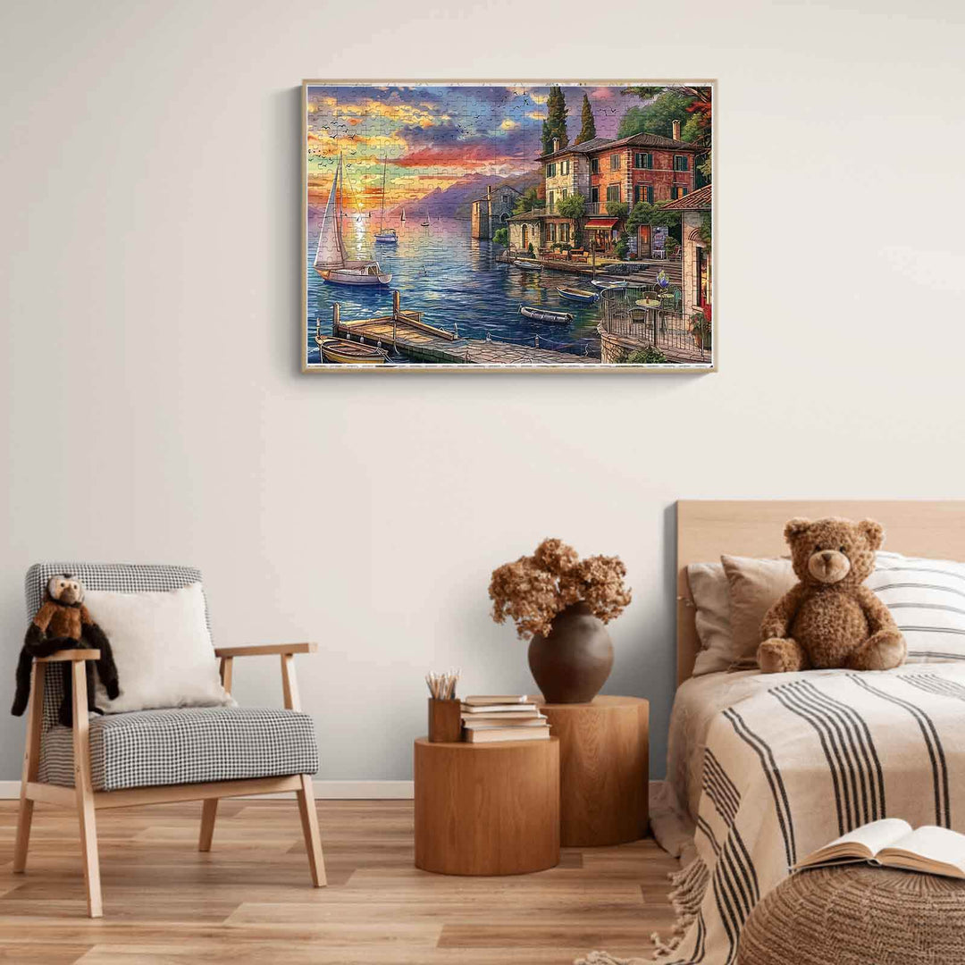 Golden Twilight Haven 500 / 1000 Piece Puzzle displayed in a cozy living room setting, featuring a scenic waterfront view.