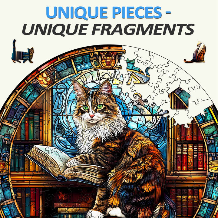 Unique Maine Cat Library wooden jigsaw puzzle featuring a cat among books, designed for puzzle enthusiasts.