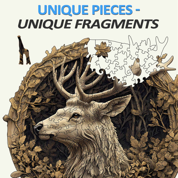 3D Deer Wooden Jigsaw Puzzle with intricate details and unique pieces among forest elements and nature.