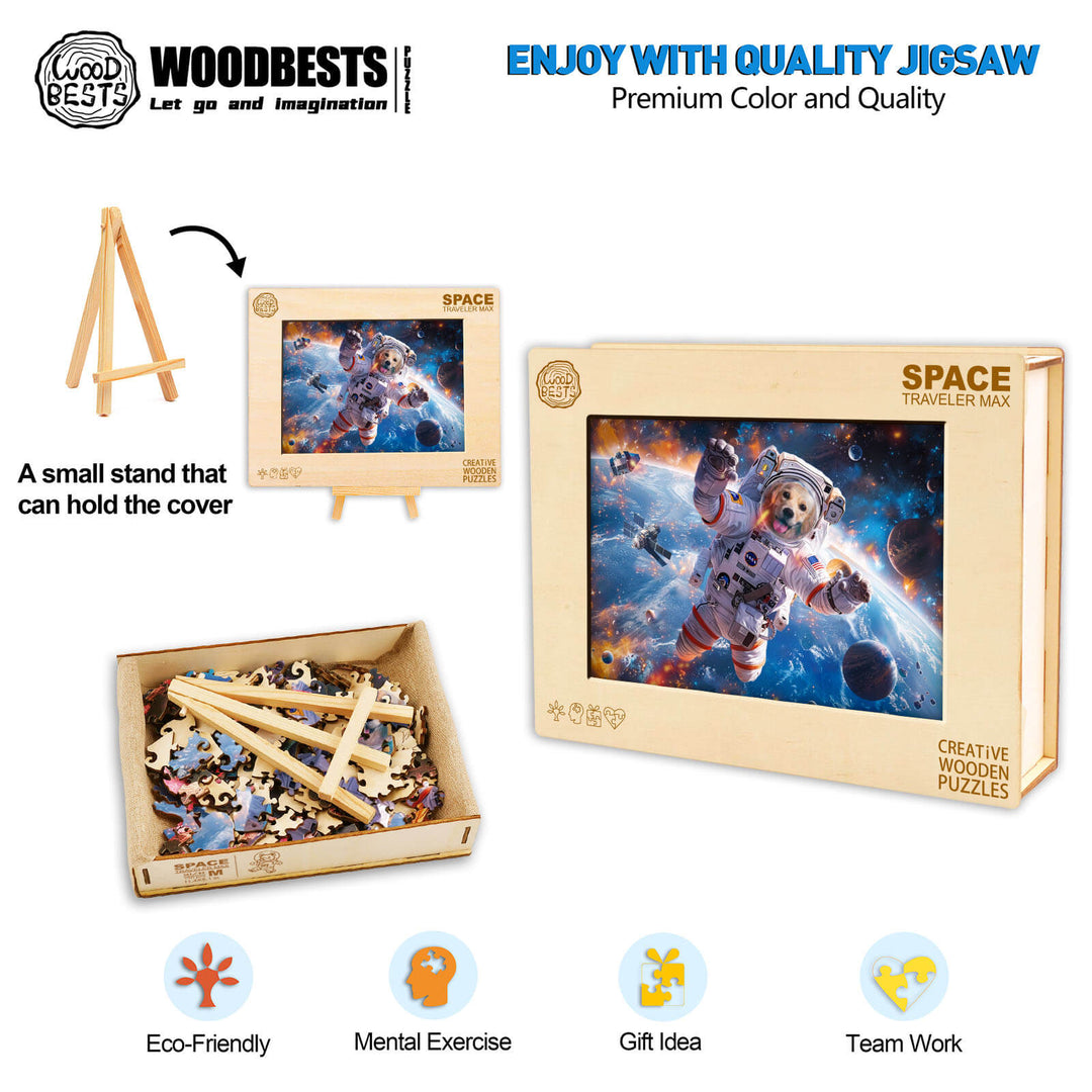 Space Traveler Max wooden jigsaw puzzle with eco-friendly design, promoting mental exercise and teamwork.