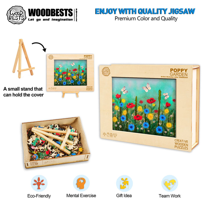 Poppy Garden jigsaw puzzle by Nicholas John VARDAXIS, showcasing vibrant flowers and eco-friendly materials.