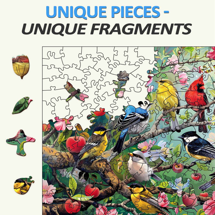 Colorful birds and unique jigsaw puzzle pieces showcasing the Birds in the Orchard design, perfect for puzzle enthusiasts.
