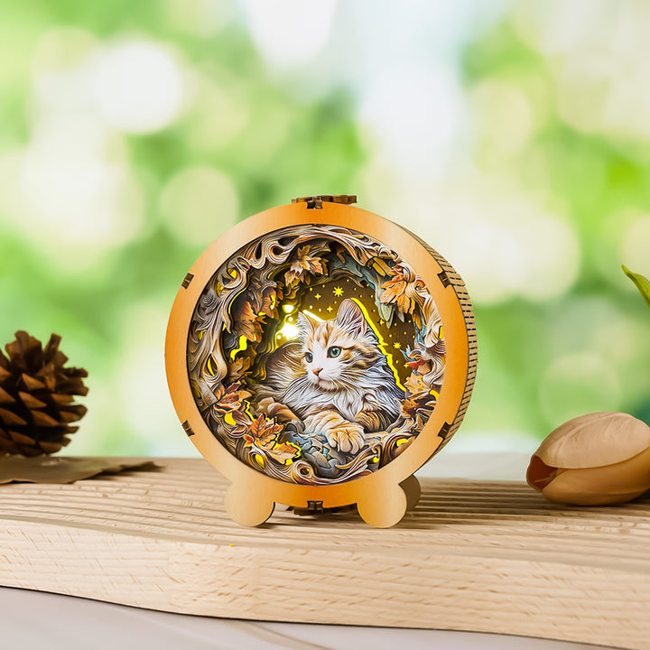3D wooden night light featuring a mystical cat surrounded by colorful floral designs on a wooden base.