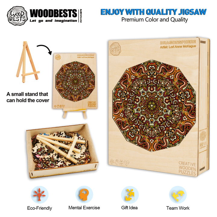 Dragonsphere jigsaw puzzle by Lori Anne McKague featuring intricate doodle art, eco-friendly wooden pieces, and a decorative box.