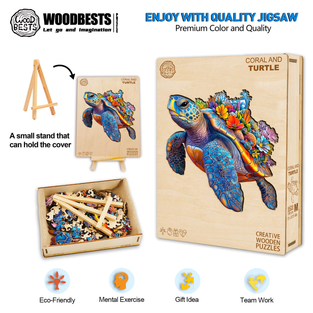 Coral and Turtle wooden jigsaw puzzle featuring vibrant colors, eco-friendly materials, and promoting mental exercise.