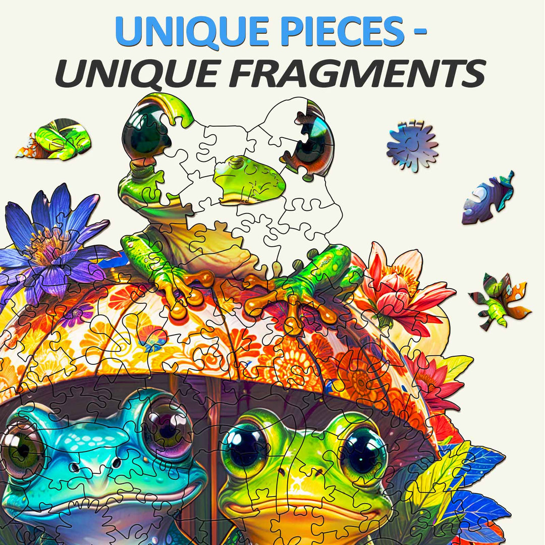Colorful Frog Brothers wooden jigsaw puzzle with unique pieces and vibrant flowers for mind-enhancing fun.