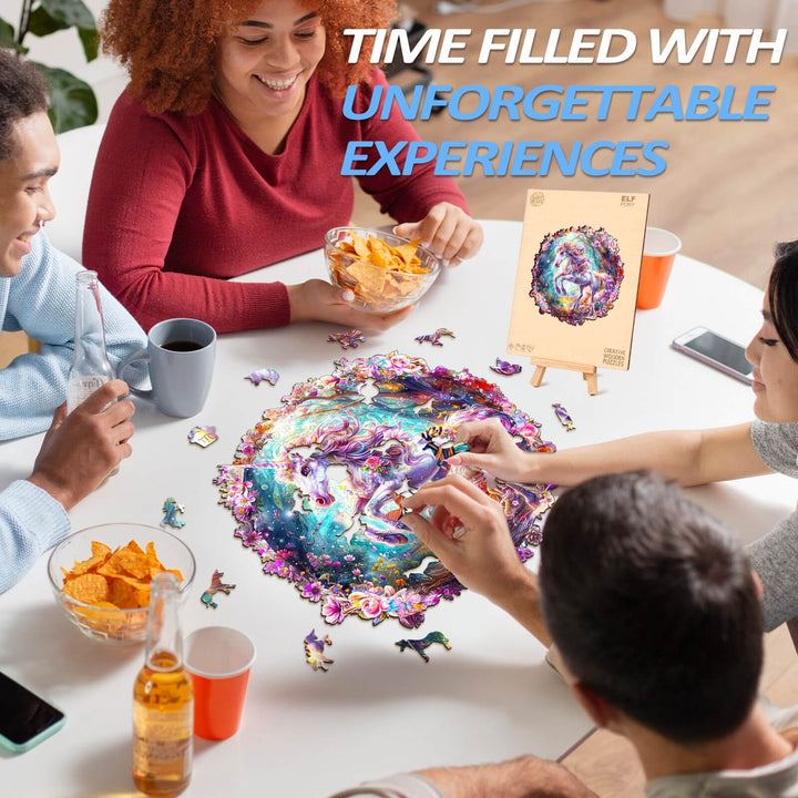 Group of friends enjoying the Elf Pony wooden jigsaw puzzle, creating unforgettable experiences while solving.