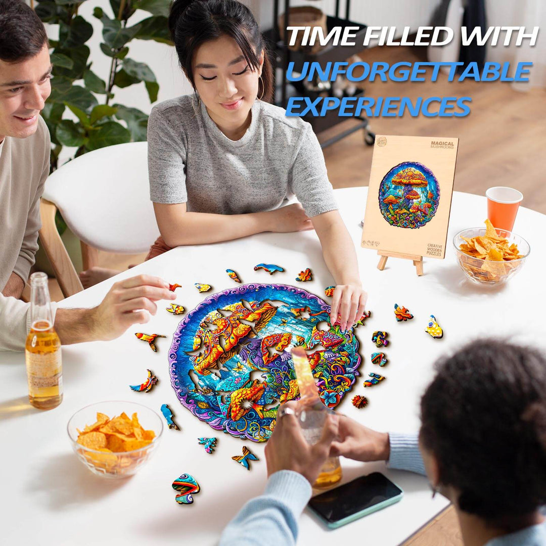 Three friends enjoying a Magical Mushrooms Wooden Jigsaw Puzzle on a table with snacks and drinks, creating unforgettable experiences.