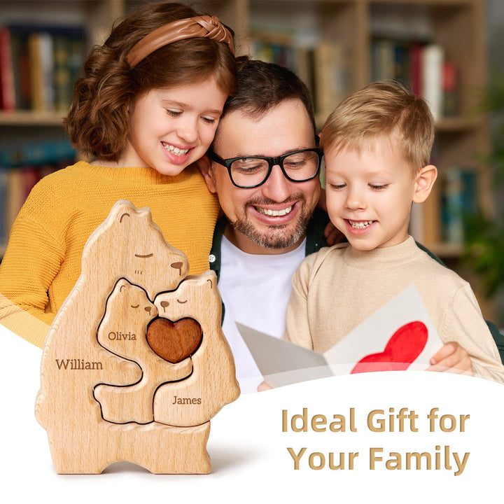 Personalized wooden bear family puzzle with names, ideal family gift for Mother's Day or special occasions.