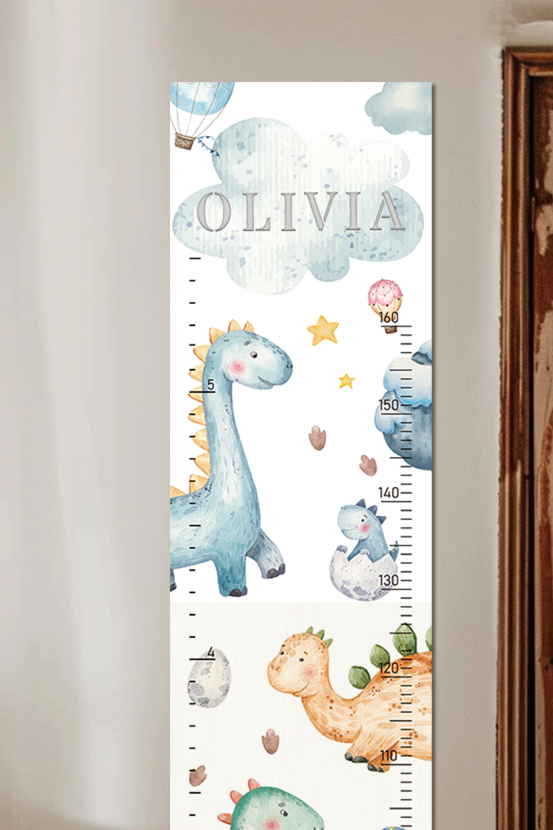 Règle de croissance personnalisée en bois avec dinosaure