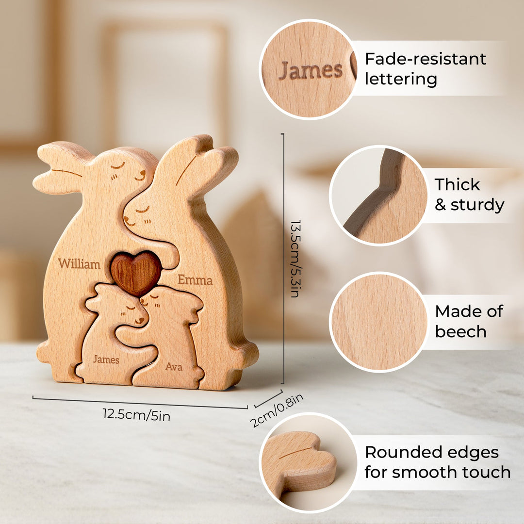 Wooden Rabbit Family Name Puzzle with custom names, made of beech, featuring rounded edges for smooth touch.