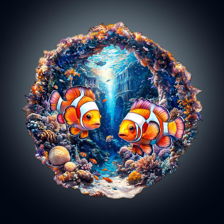 Clownfish Journey wooden jigsaw puzzle depicting vibrant clownfish in a colorful underwater scene.