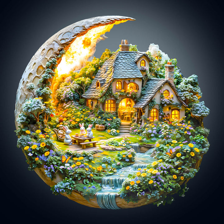 Moonlight Garden-2 jigsaw puzzle showcasing a whimsical wooden cottage surrounded by lush greenery and colorful flowers.