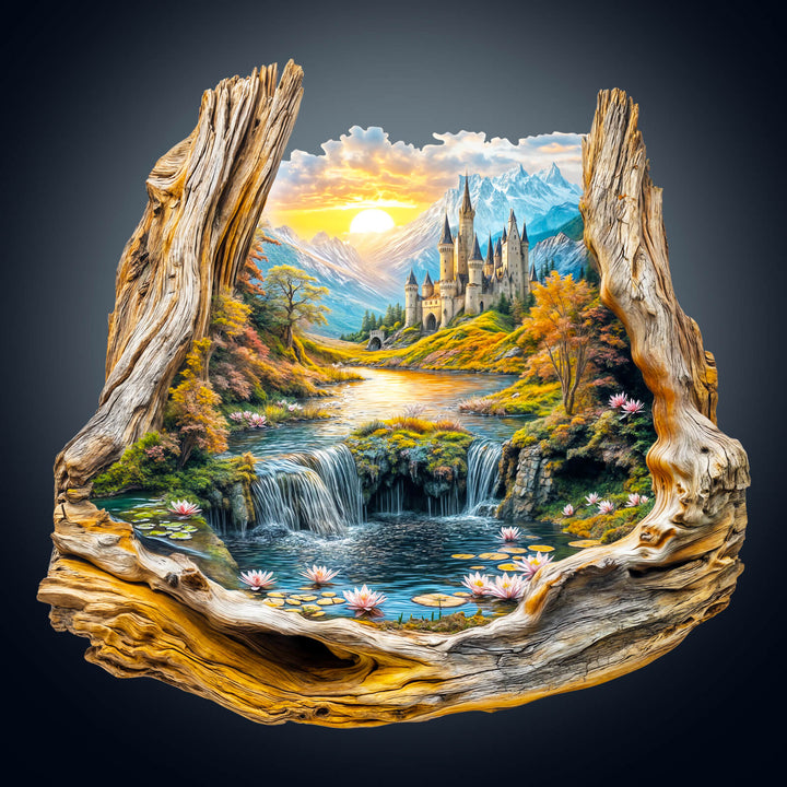 Enchanted Frame-2 Wooden Jigsaw Puzzle featuring a beautiful castle landscape with waterfalls and flowers.