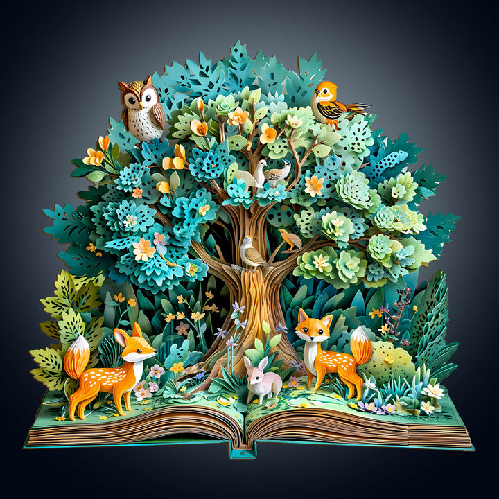 3D Forest Tales wooden jigsaw puzzle featuring a colorful tree with playful animals and intricate foliage.