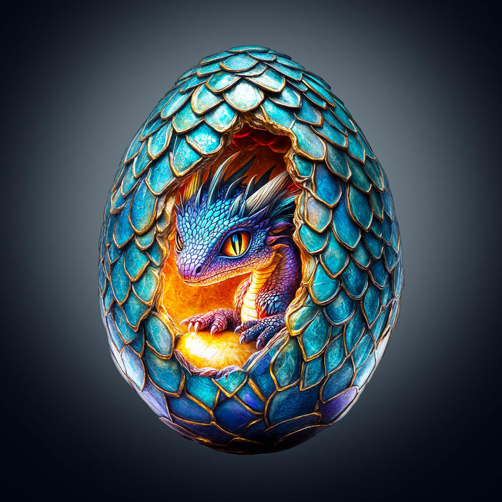 Colorful dragon egg with scales, revealing a baby dragon, representing the Draconic Rebirth jigsaw puzzle theme.