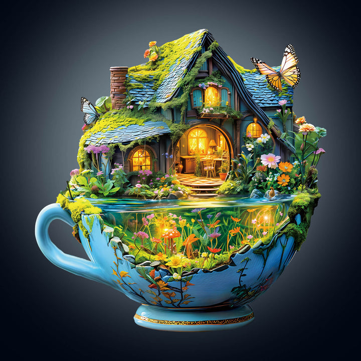 Whimsical green field mug jigsaw puzzle with a fairy tale house and butterfly motifs, perfect for mind games and relaxation.
