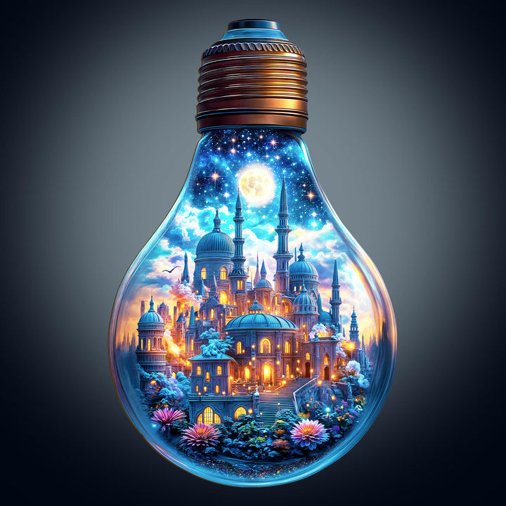 Whimsical cityscape in a glowing light bulb, featuring a moonlit realm with towers and blooming flowers.