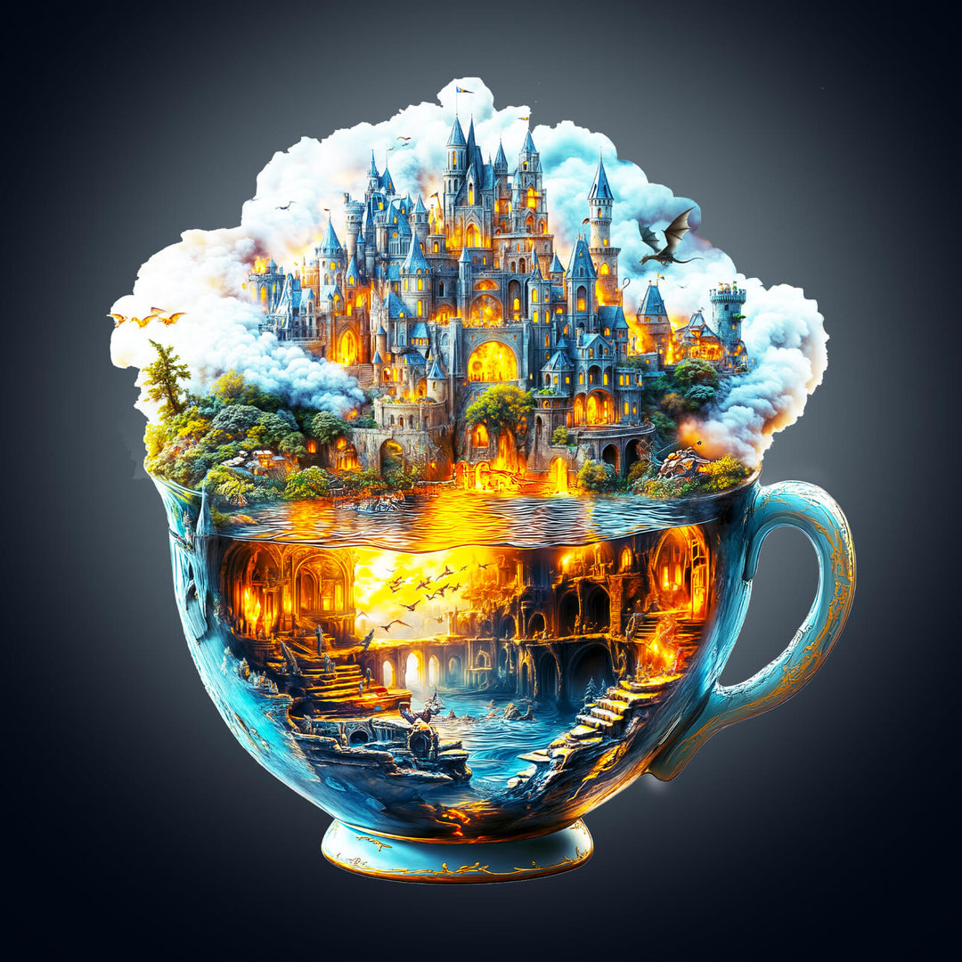 Magic cup-1 wooden jigsaw puzzle featuring a castle landscape and clouds, perfect for mind games and enhancing focus.