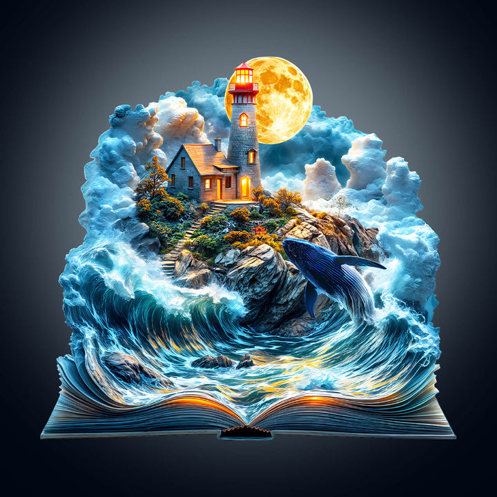 An open book illustration featuring a lighthouse, whale, and dramatic waves under a full moon.
