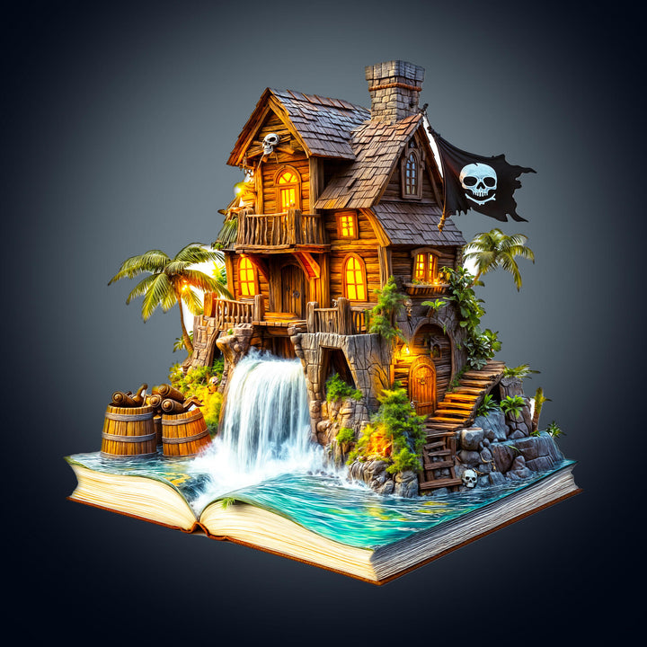 Colorful Pirate cabin-1 wooden jigsaw puzzle, featuring a detailed pirate house with waterfall and barrels.