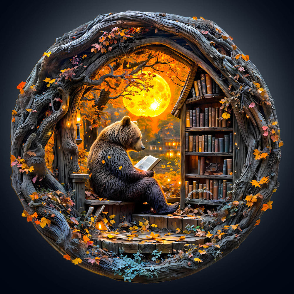 Reading bear wooden jigsaw puzzle with autumn leaves and books, creating a cozy interior scene.