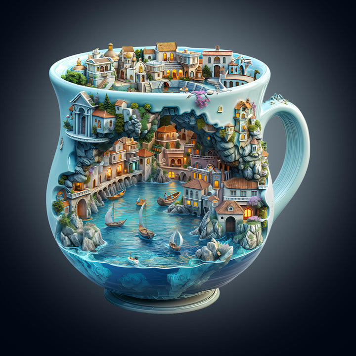 Intricately designed seaside town wooden jigsaw puzzle within a mug, featuring boats and charming coastal architecture.