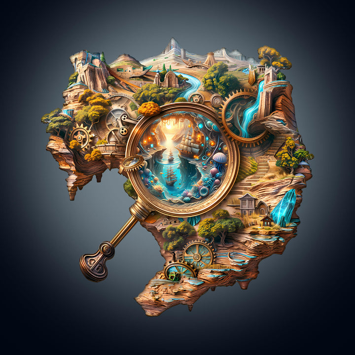 Detailed artwork of a whimsical landscape featuring a magnifying glass, waterfalls, trees, and gears, symbolizing exploration.