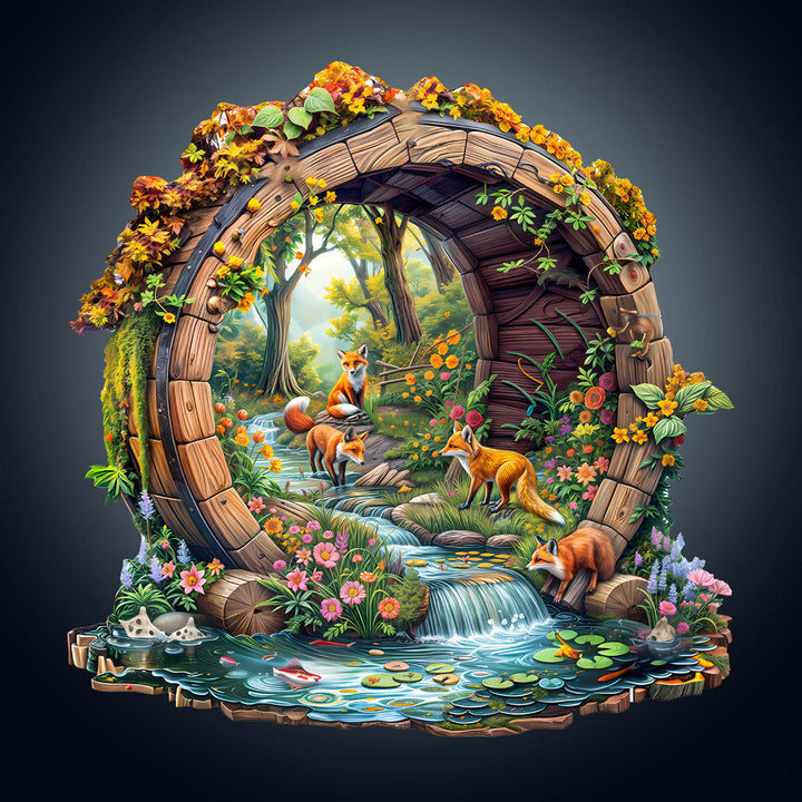 Happy foxes wooden jigsaw puzzle featuring a vibrant scene with foxes by a stream surrounded by flowers and greenery.