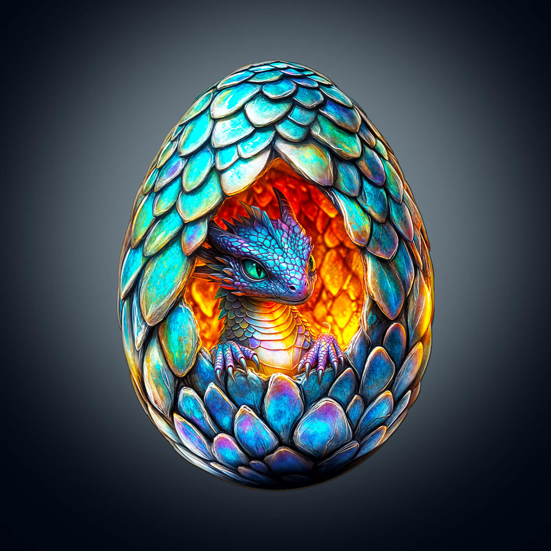Colorful dragon egg with a vibrant dragon inside, symbolizing mystery and adventure in puzzle solving.