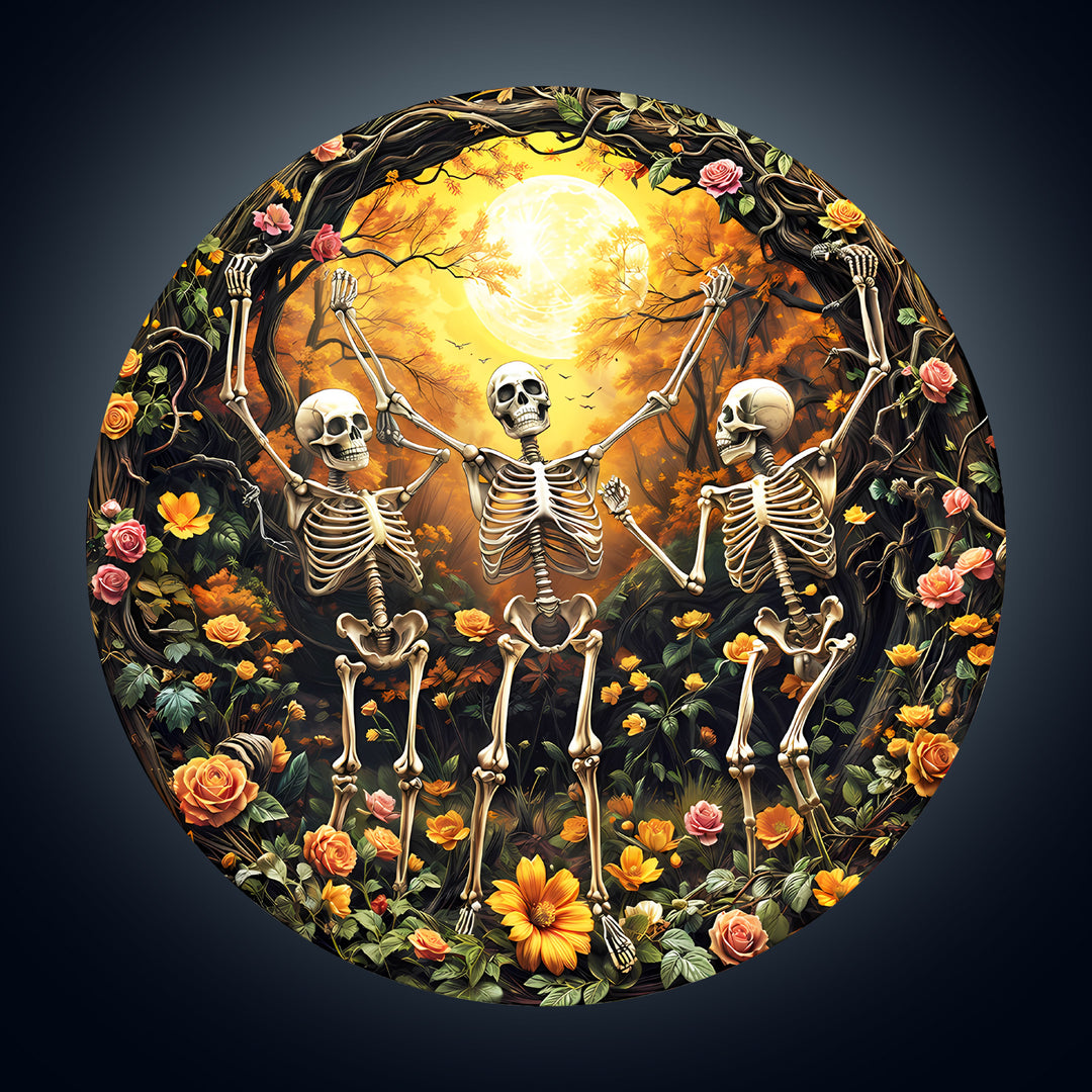 Skeleton Moon Glee wooden jigsaw puzzle featuring skeletons surrounded by flowers under a full moon.