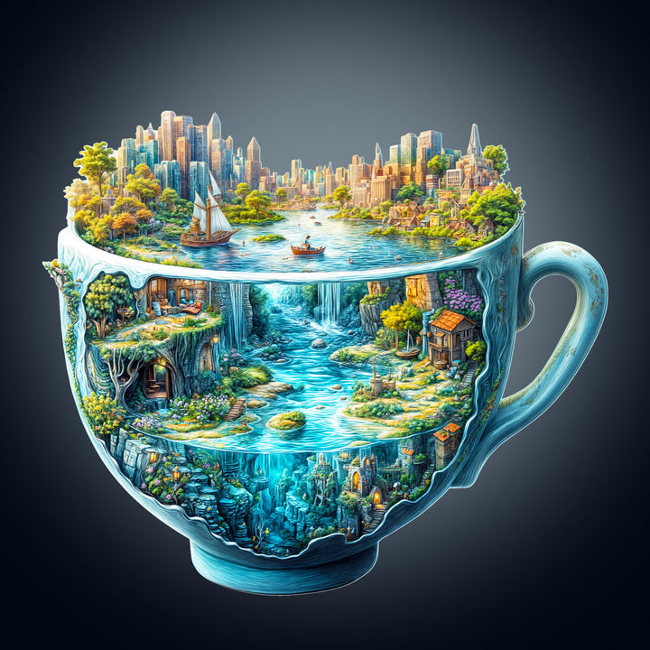 Urban Forest Cup wooden jigsaw puzzle featuring a vibrant cityscape and lush nature within a cup.