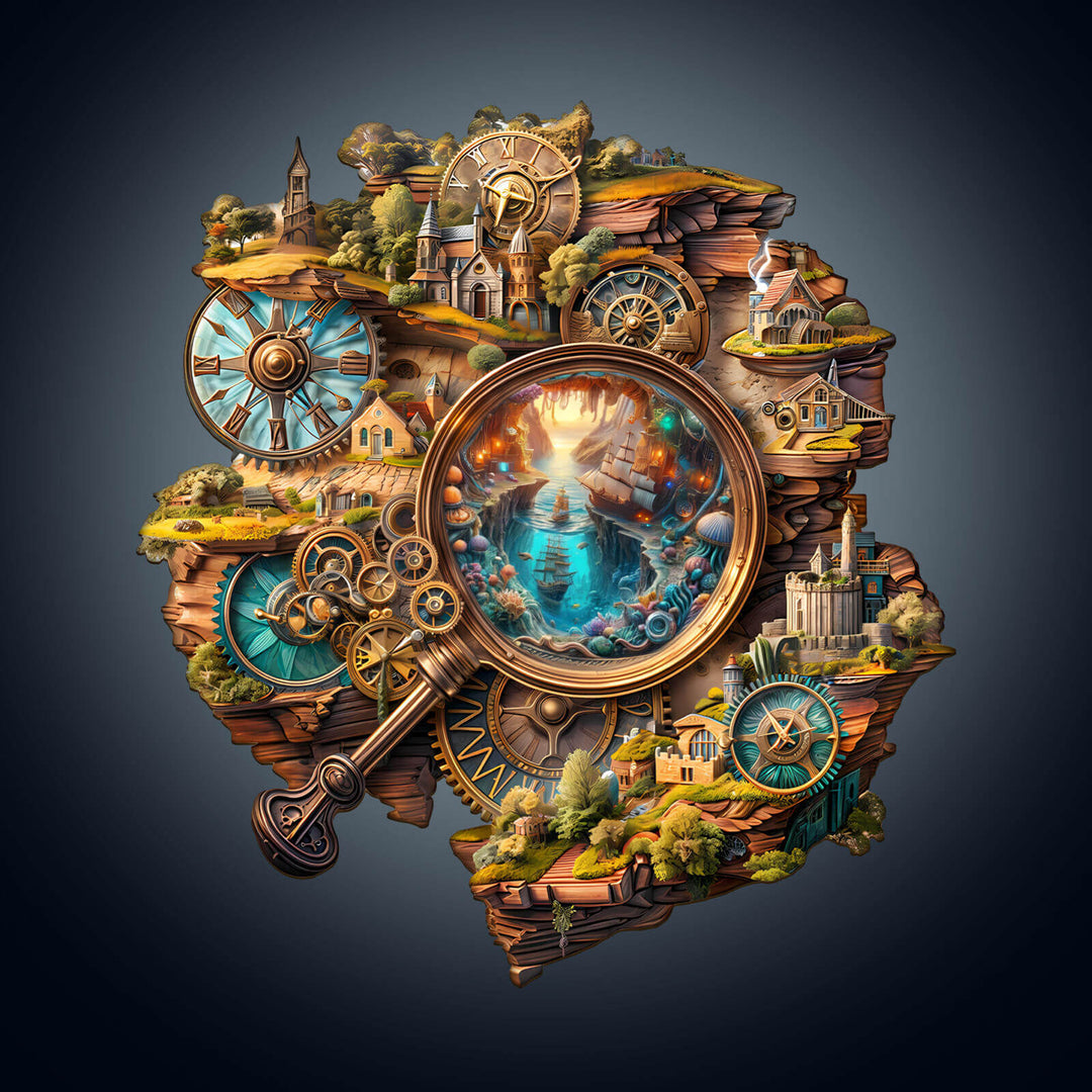 Colorful landscape puzzle design featuring gears and a magnifying glass, showcasing adventure and exploration themes.