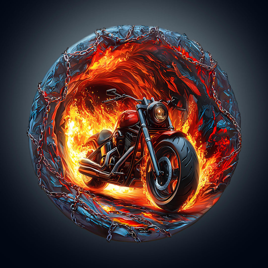 Fiery motorcycle emerging from a flame-filled circular tunnel, showcasing an intense and adventurous design.