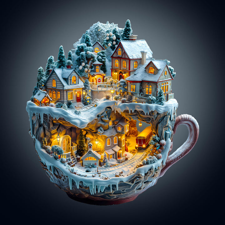 Whimsical winter village scene inside a snowy teacup, featuring illuminated houses and trees.