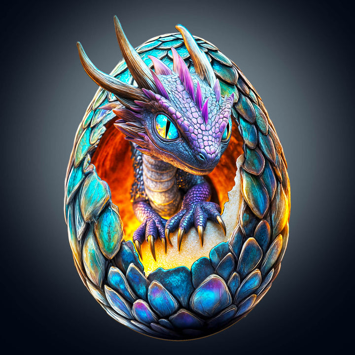 A colorful dragon emerging from a jeweled egg, symbolizing rebirth and magic in a fantasy setting.